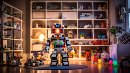 robot and toys at children´s playroom - obrazy, fototapety, plakaty
