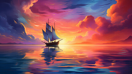 A peaceful boat gently adrift in a sea of rainbow shades - obrazy, fototapety, plakaty