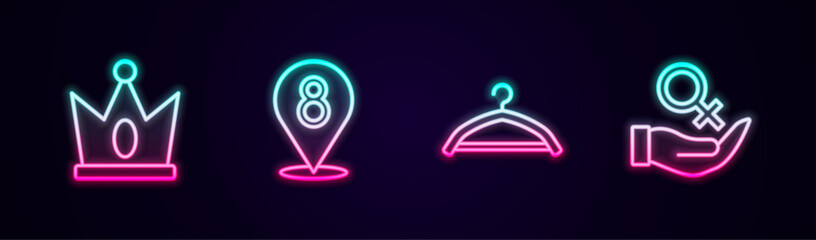 Set line King crown, 8 March, Hanger wardrobe and Female gender symbol. Glowing neon icon. Vector