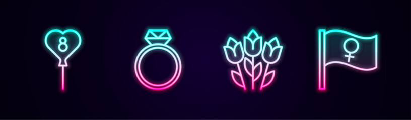 Set line Balloons with 8 March, Diamond engagement ring, Flower tulip and Feminist activist. Glowing neon icon. Vector