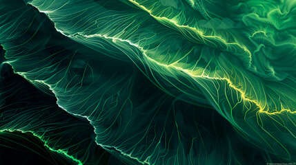 ethereal close-up view of leaves with a luminous network of veins in shades of green for background. - obrazy, fototapety, plakaty