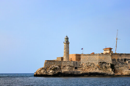 View of the Morro Castle. Also known as Castillo de los Tres Reyes del Morro, this fortress guards the entrance to Havana harbor. The castle was built in 1589. Havana, Cuba.