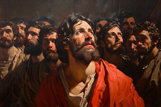 Painting of Jesus together with the disciples and the crowd in prayer to the Father, Generative AI