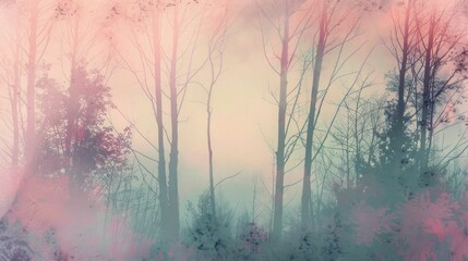 Ethereal pastel-hued forest with silhouetted trees shrouded in a foggy mist, imbuing the scene with a dreamy, tranquil atmosphere. - obrazy, fototapety, plakaty