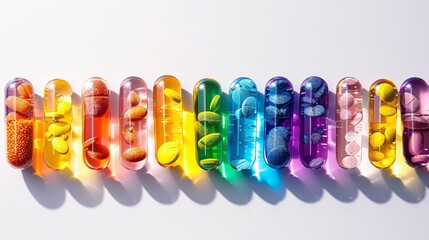 Assorted vitamin capsules making a rainbow symbolizing the variety of nutrients essential for health vibrant against white