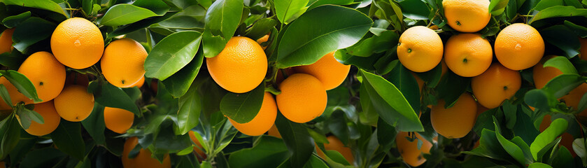 Orange orchard, birdseye view, oranges in sharp focus, lush green contrast, sunny day