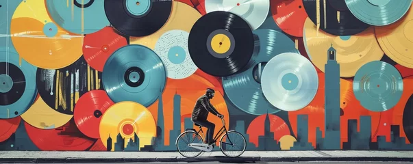 Fototapeten Surreal pop art cycling scene unreal giant vinyl records as wheels vibrant urban backdrop © Keyframe's