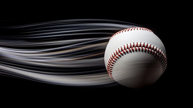 Baseball ball surrounded by a swirling wind effect dynamic motion captured against a black background with copyspace