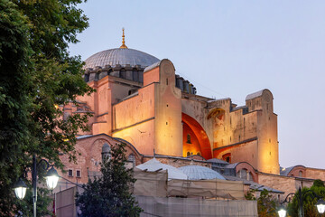 Evening view of the Hagia Sophia Grand Mosque. Was a Greek Orthodox church from 360 AD until 1453. Then it was a mosque, and since 1935 - a museum. From 2020 again a mosque. Istanbul, Turkey.