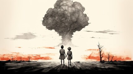 Illustration of two young children from behind looking at a nuclear explosion in the distance - 771633205