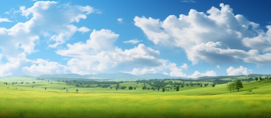 A lush grassland under a clear blue sky with fluffy white clouds, creating a peaceful natural landscape in a green ecoregion