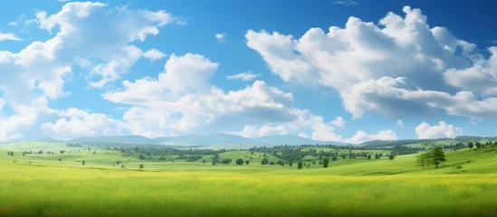 Fotobehang A lush grassland under a clear blue sky with fluffy white clouds, creating a peaceful natural landscape in a green ecoregion © AkuAku
