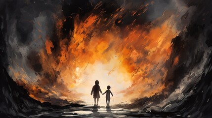 Silhouette from behind of two children holding hands walking towards a landscape on fire - obrazy, fototapety, plakaty