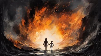 Fotobehang Silhouette from behind of two children holding hands walking towards a landscape on fire © PNPImages
