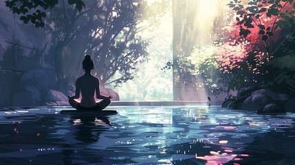 Fototapeta premium Tranquil meditation in a serene forest pool at dawn. Digital illustration of peaceful yoga practice in nature.