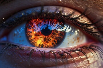 Close up of a human eye with a reflection of fire - obrazy, fototapety, plakaty