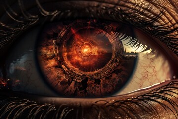 Close up of a human eye with the reflection of an explosion.