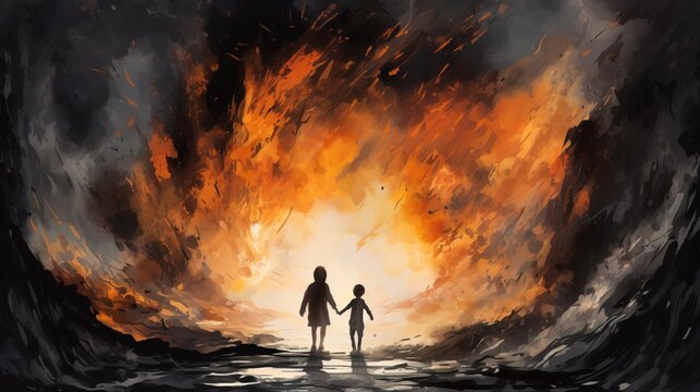 Silhouette from behind of two children holding hands walking towards a landscape on fire