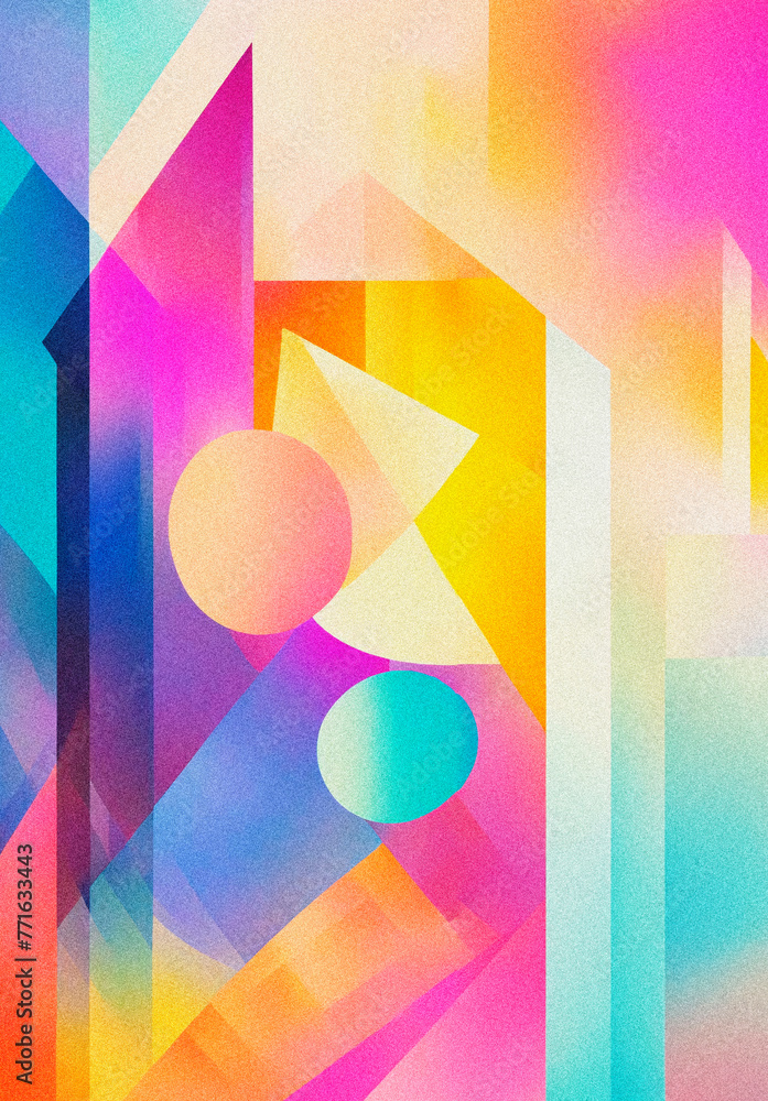 Poster this vibrant, noise-textured artwork captivates with its dynamic shapes and multicolored gradients, 