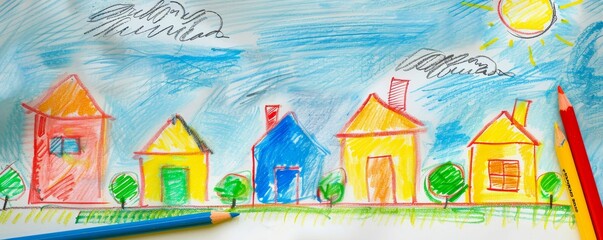 Fototapeta na wymiar Childs drawing of a better life, crayon dreams, innocence and aspiration