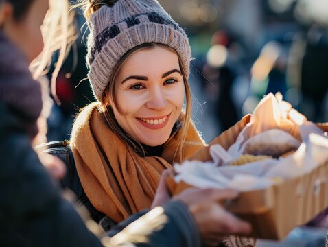 Charity volunteers distributing warm meals, acts of kindness, shared humanity