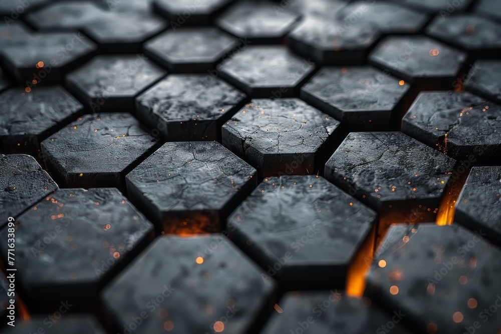 Poster a detailed image of dark hexagonal tiles lit with an ambient orange glow, highlighting their intrica