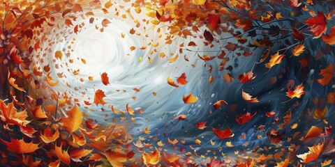 Witness the vibrant dance of autumn leaves swirling in a whirlwind of seasonal beauty against a pristine white backdrop. - obrazy, fototapety, plakaty