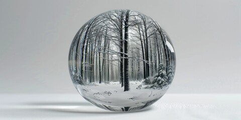 Crystal ball revealing an enchanted forest, stark contrast on white.
