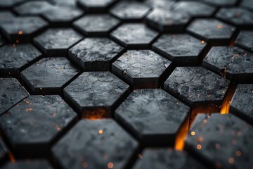 A detailed image of dark hexagonal tiles lit with an ambient orange glow, highlighting their...