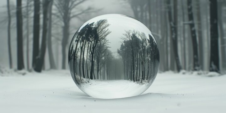 Through the crystal ball's gaze, an enchanted forest emerges in stark contrast against a backdrop of pure white beauty.