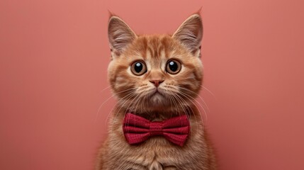 Cat wearing a tiny adorable bow tie looking dapper against a soft pink background copyspace for charming messages