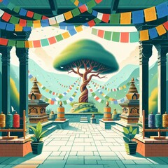  illustration of a peaceful courtyard within a Nepali temple, featuring a Bodhi tree with fluttering prayer flags and colorful prayer wheels.

 - obrazy, fototapety, plakaty