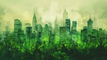 A cityscape with a green tint and a lot of trees. The city is lit up at night, giving it a futuristic feel