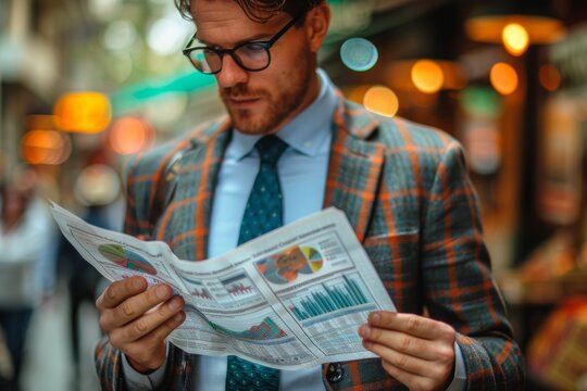 Stylish man in glasses focused on newspaper amidst city bustle, exuding urban lifestyle charm