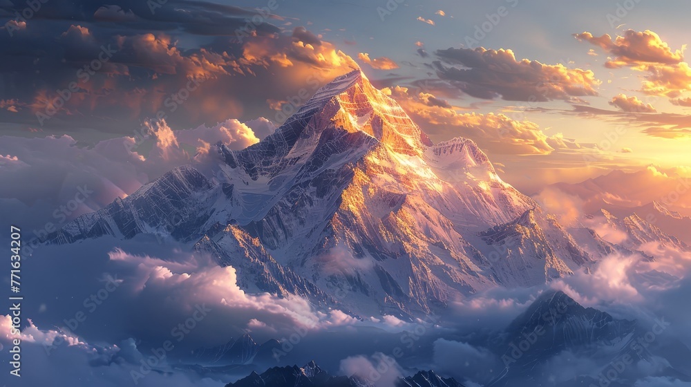 Aufkleber a mountain range with a large peak in the background. the sky is cloudy and the sun is setting