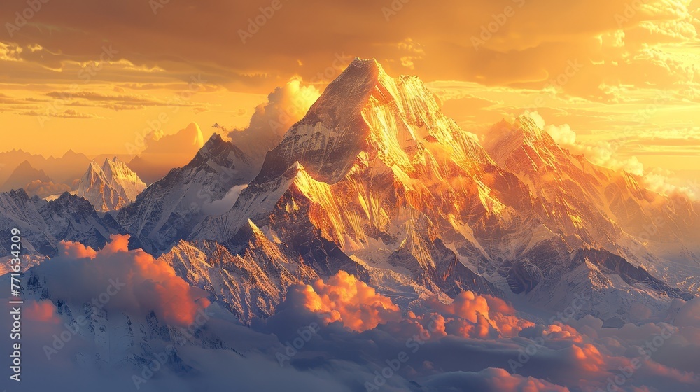 Aufkleber the mountain range is covered in snow and the sun is setting behind it. the sky is orange and the cl