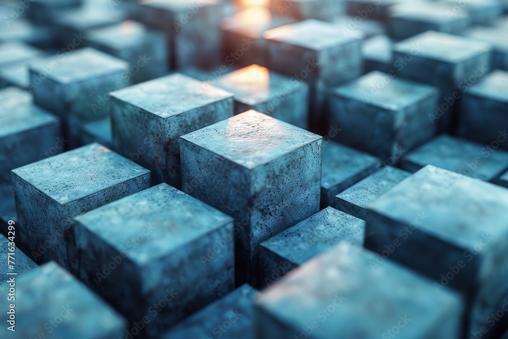 Poster Sunlight falls on an array of metallic blue cubes creating a mesmerizing pattern with a 3D effect and reflective surfaces