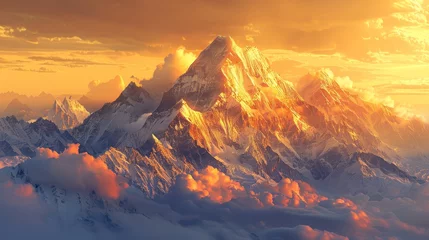 Rolgordijnen The mountain range is covered in snow and the sun is setting behind it. The sky is orange and the clouds are white © Rattanathip