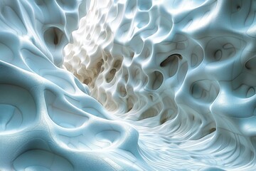 This 3D rendering presents complex organic shapes interacting with light, evoking a cave-like ethereal ambiance
