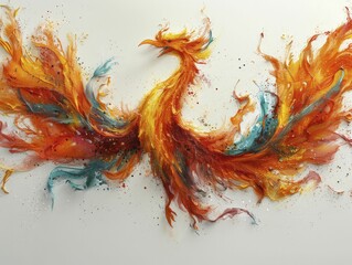 Fiery phoenix rising from ashes, illustration on a stark white background. - obrazy, fototapety, plakaty