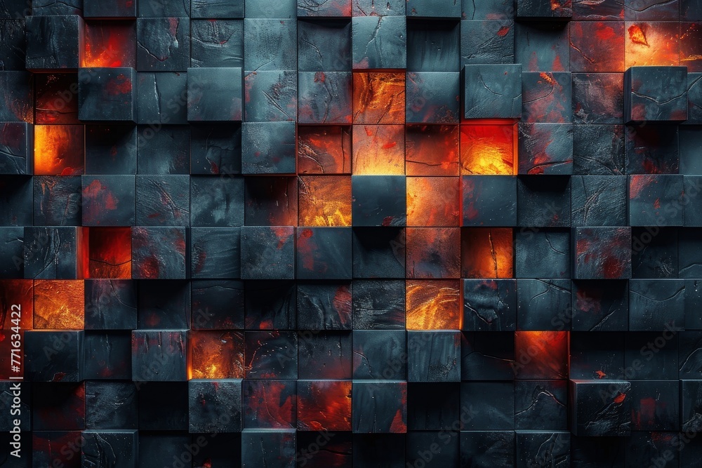 Poster 3d cubes with a fiery orange and red glow resembling embers against a dark patterned background