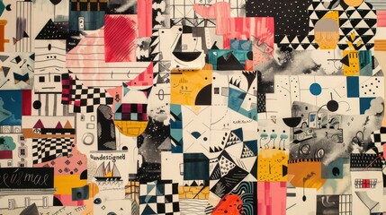 Fototapeta premium Abstract geometric mural with mixed patterns, colors, and some text elements; modern, visually dynamic street art installation.