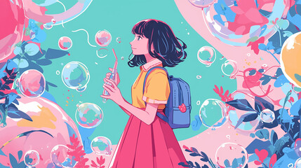 A girl is holding a straw in a drink and wearing a yellow shirt and blue backpack. She is surrounded by bubbles and flowers