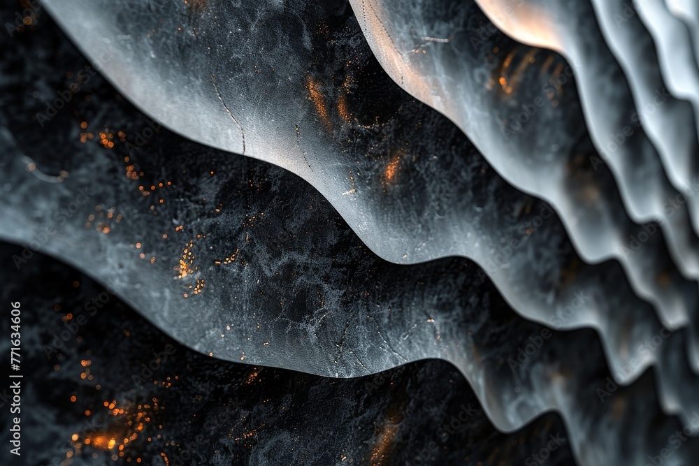 Poster an artistic rendering of a dark wavy textured surface with specks of golden sparkles suggesting luxu