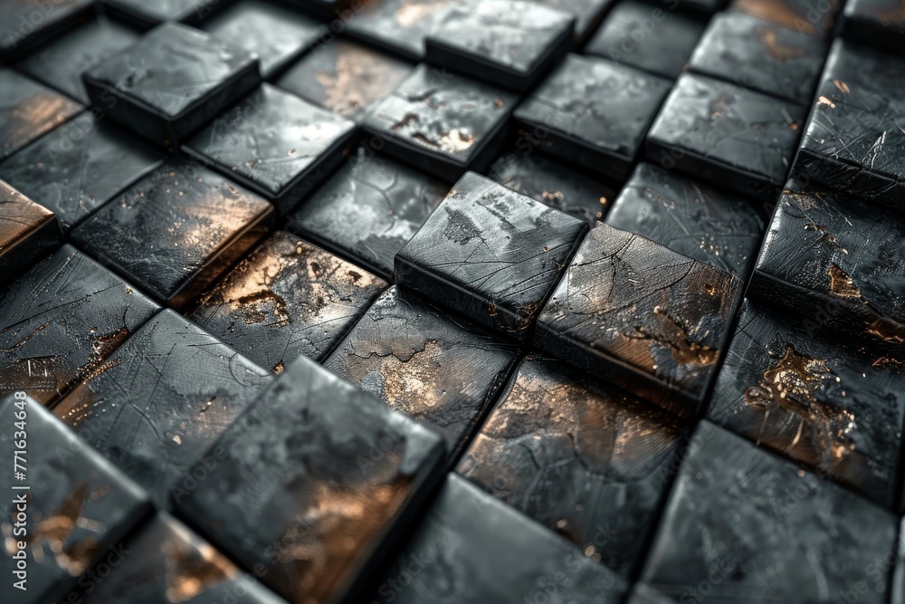 Poster close-up view of multiple textured black cubes arranged neatly on a surface, with a focus on their u
