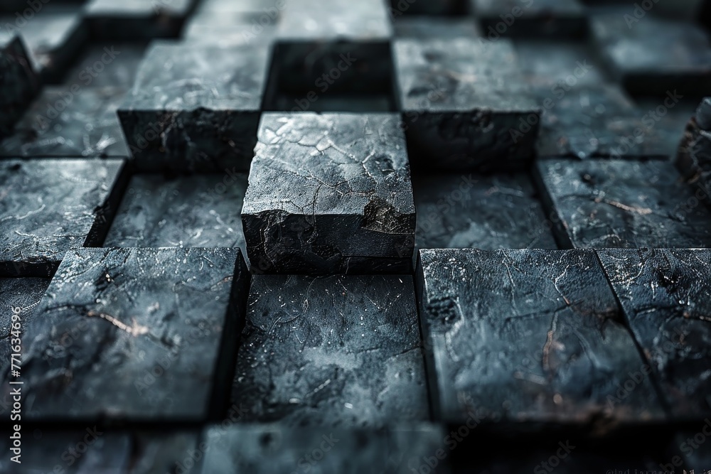 Poster elevated black cubes creating a three-dimensional abstract pattern with selective focus and a moody 