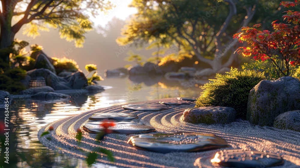 Aufkleber a serene pond with a path of stones leading to it. the water is calm and the surrounding area is fil