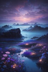 Fototapeta premium Generate an enchanting and surreal depiction of a world locked in perpetual twilight. Picture a captivating landscape where the boundaries between day and night blur into an everlasting twilight. The 