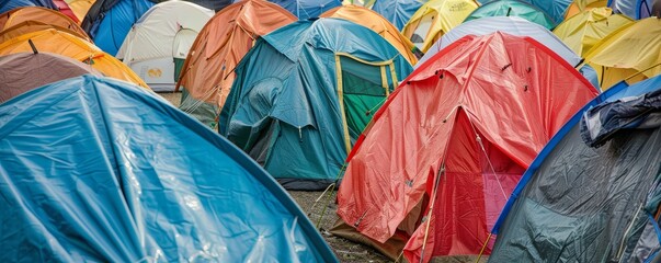 Patchwork tent city, fabric of lives pieced together, fragile sanctuary