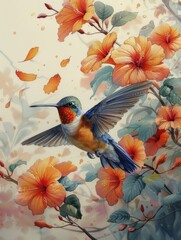 A graceful hummingbird hovers by a bloom, embodying vibrancy and fluid motion against a white backdrop.